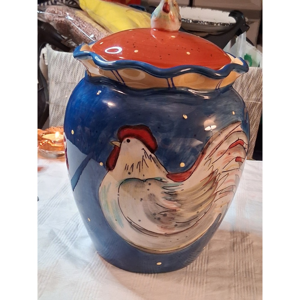Certified International Susan Winget Rooster Ceramic Cookie Jar Blue Red Lid